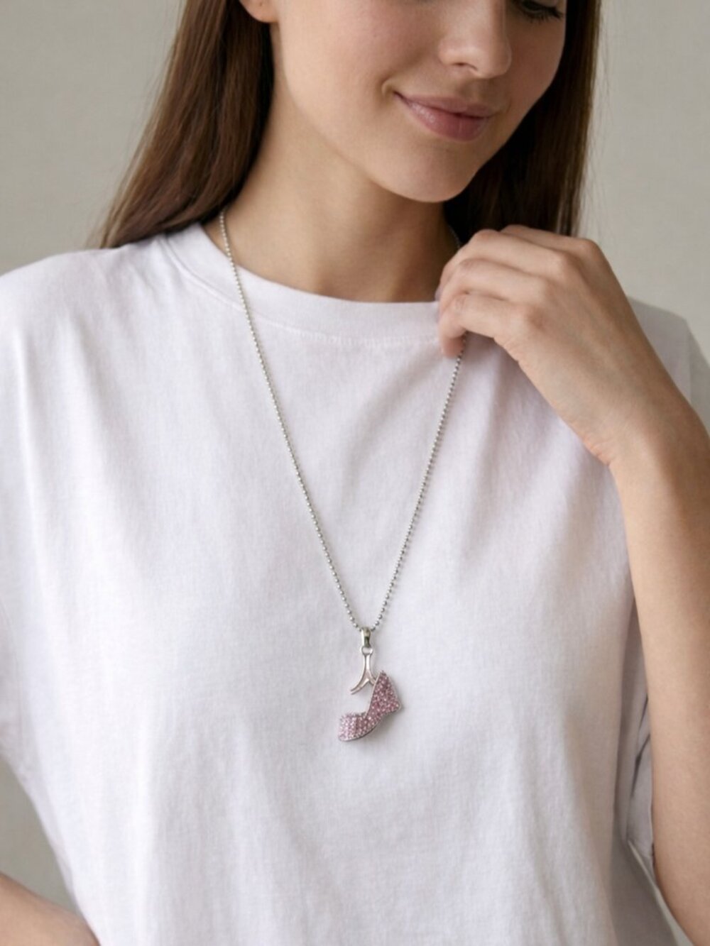 Pink Rhinestone High Heel Pendant Necklace Long Silver Chain
